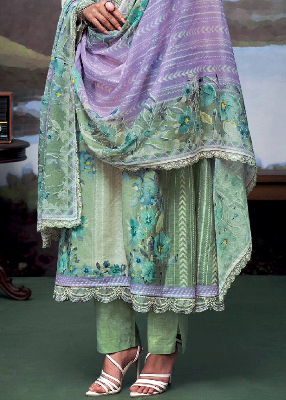 Purple & Green Digital Printed Linen Suit & Embroidery work - qivii