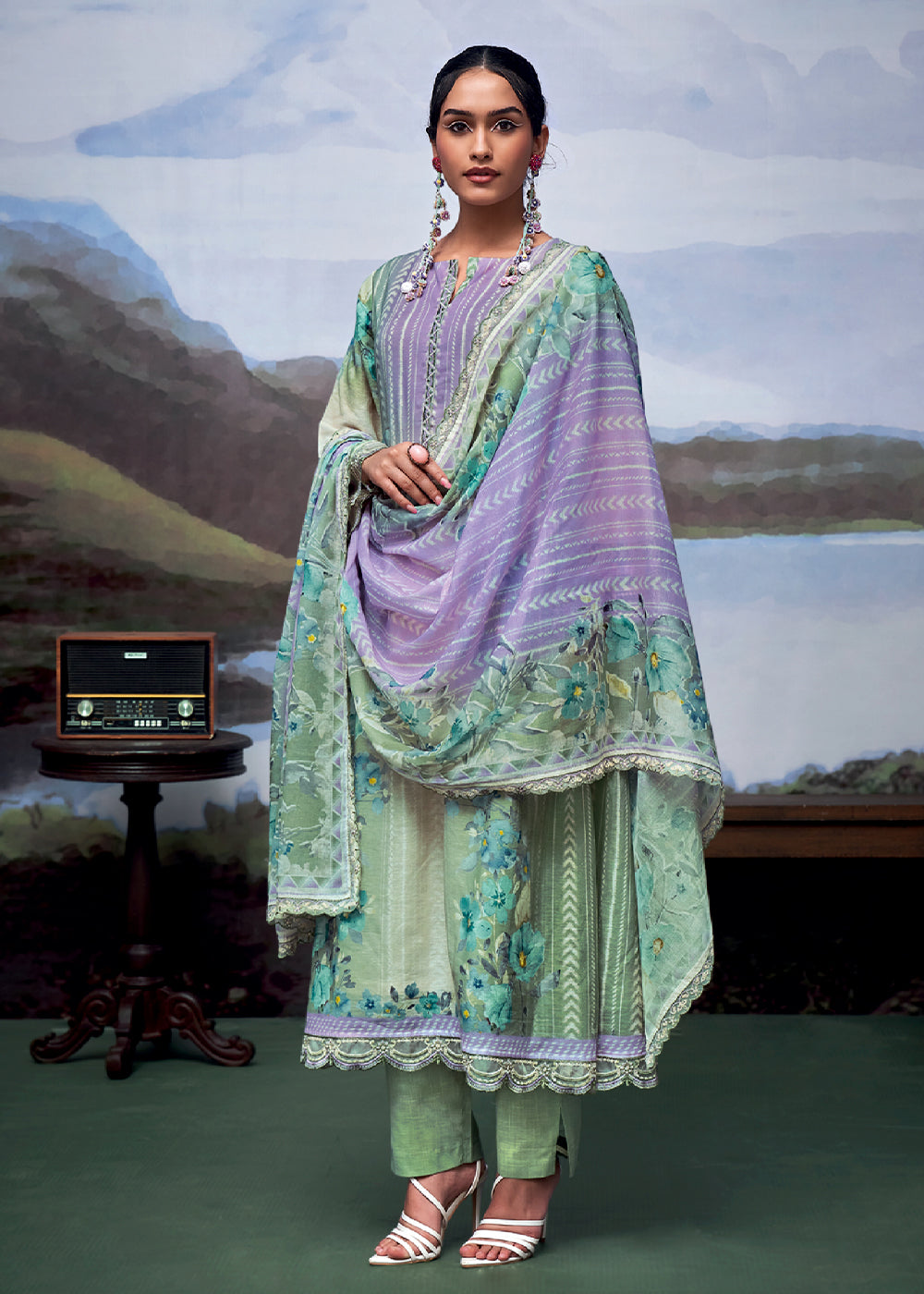 Purple & Green Digital Printed Linen Suit & Embroidery work - qivii