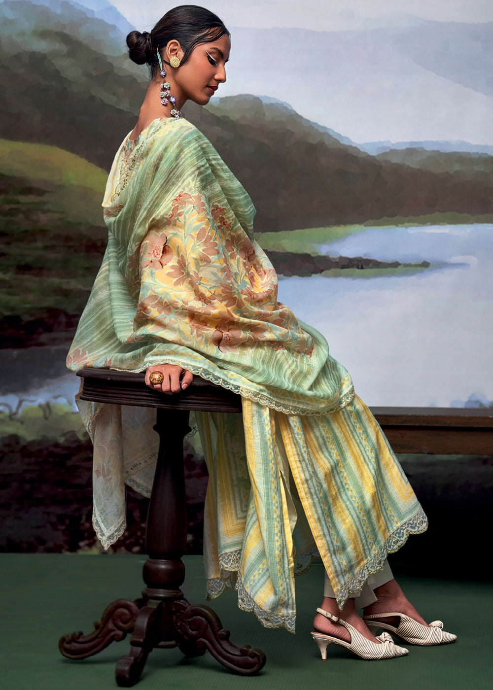 Multi Colored Digital Printed Linen Suit & Embroidery work - qivii