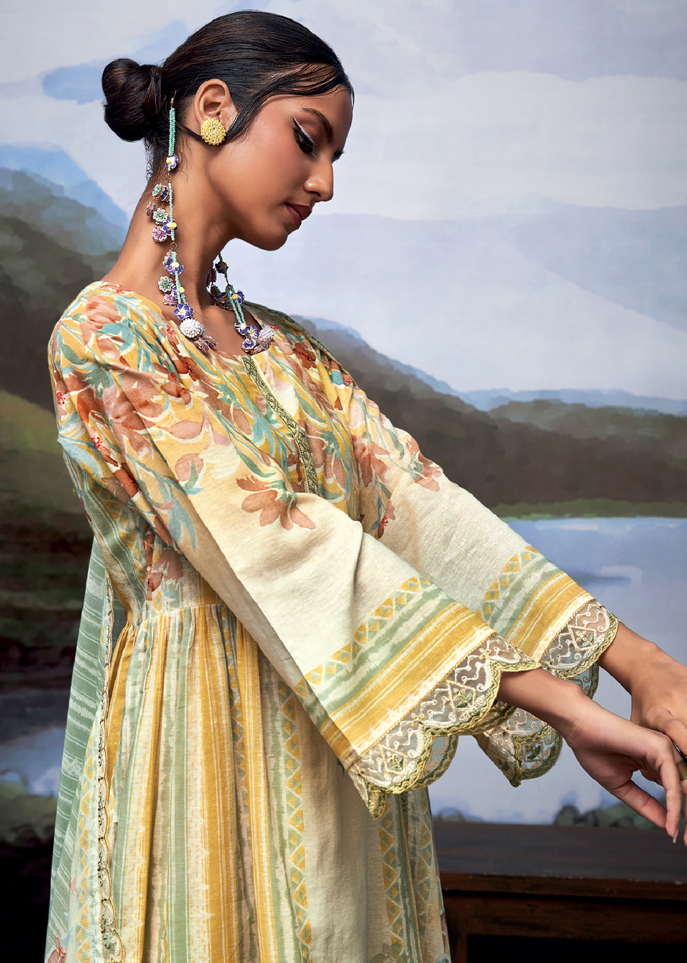 Multi Colored Digital Printed Linen Suit & Embroidery work - qivii