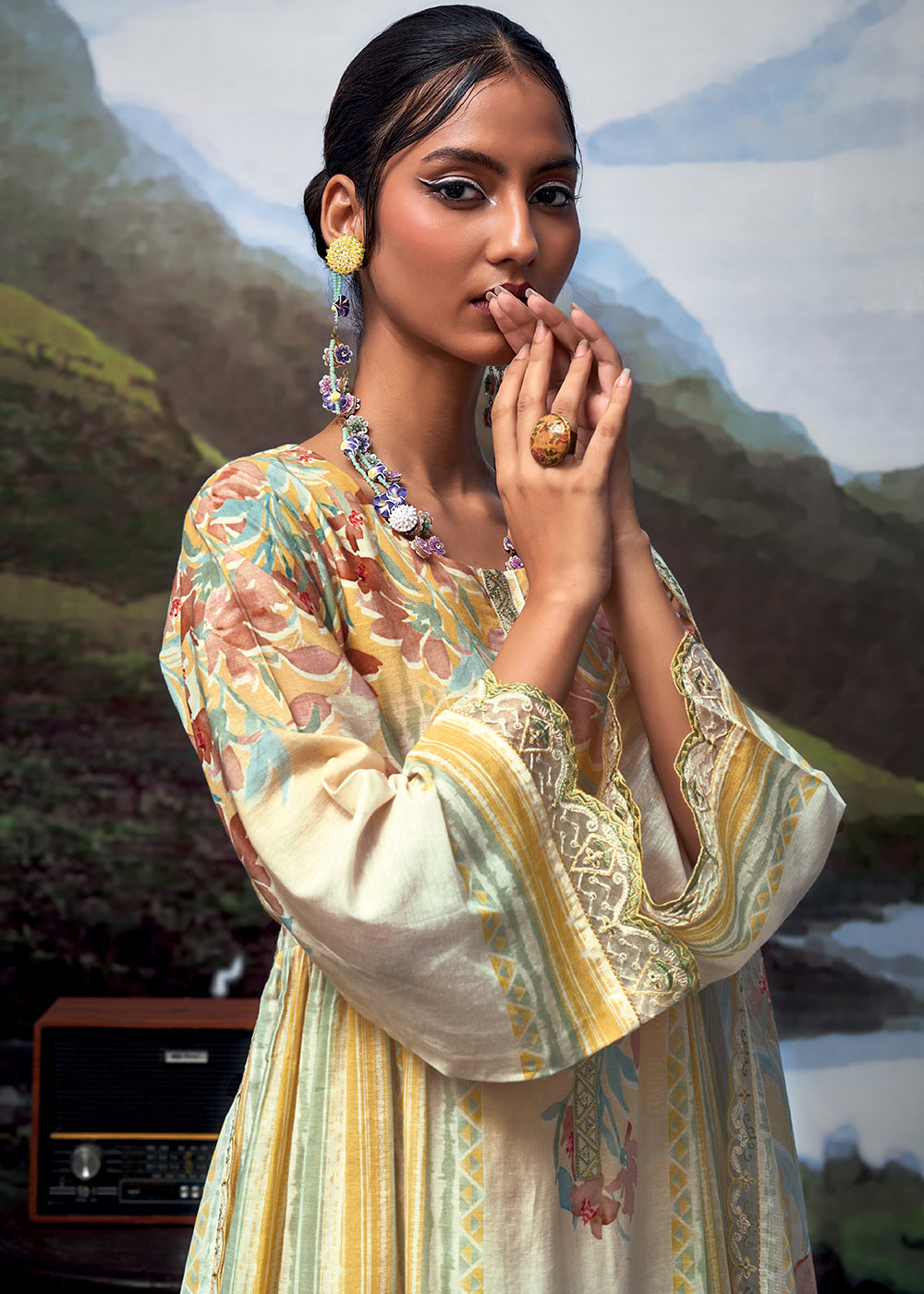 Multi Colored Digital Printed Linen Suit & Embroidery work - qivii