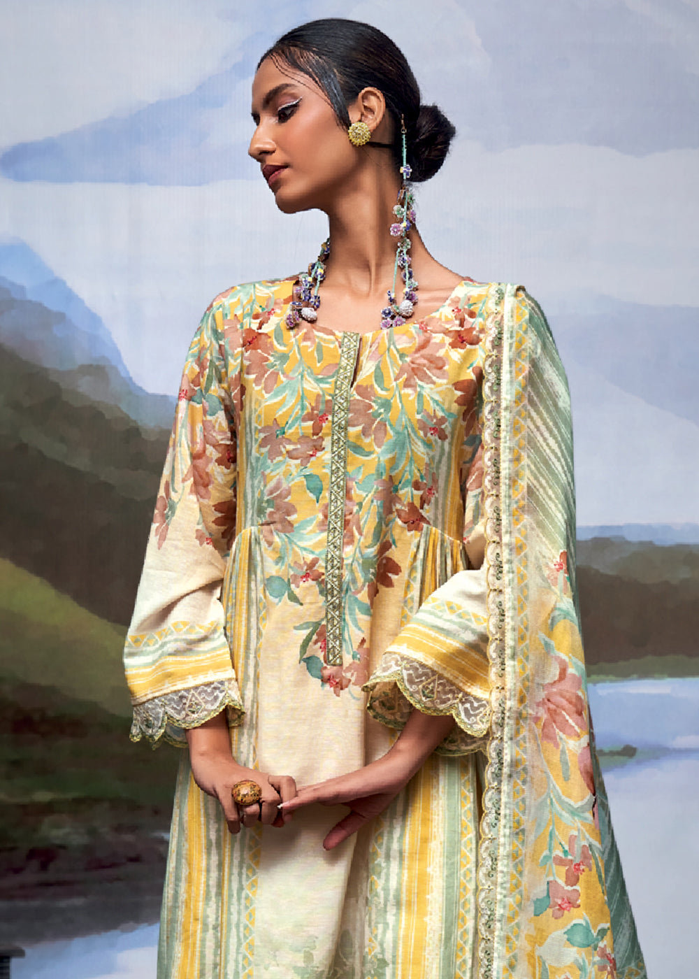 Multi Colored Digital Printed Linen Suit & Embroidery work - qivii