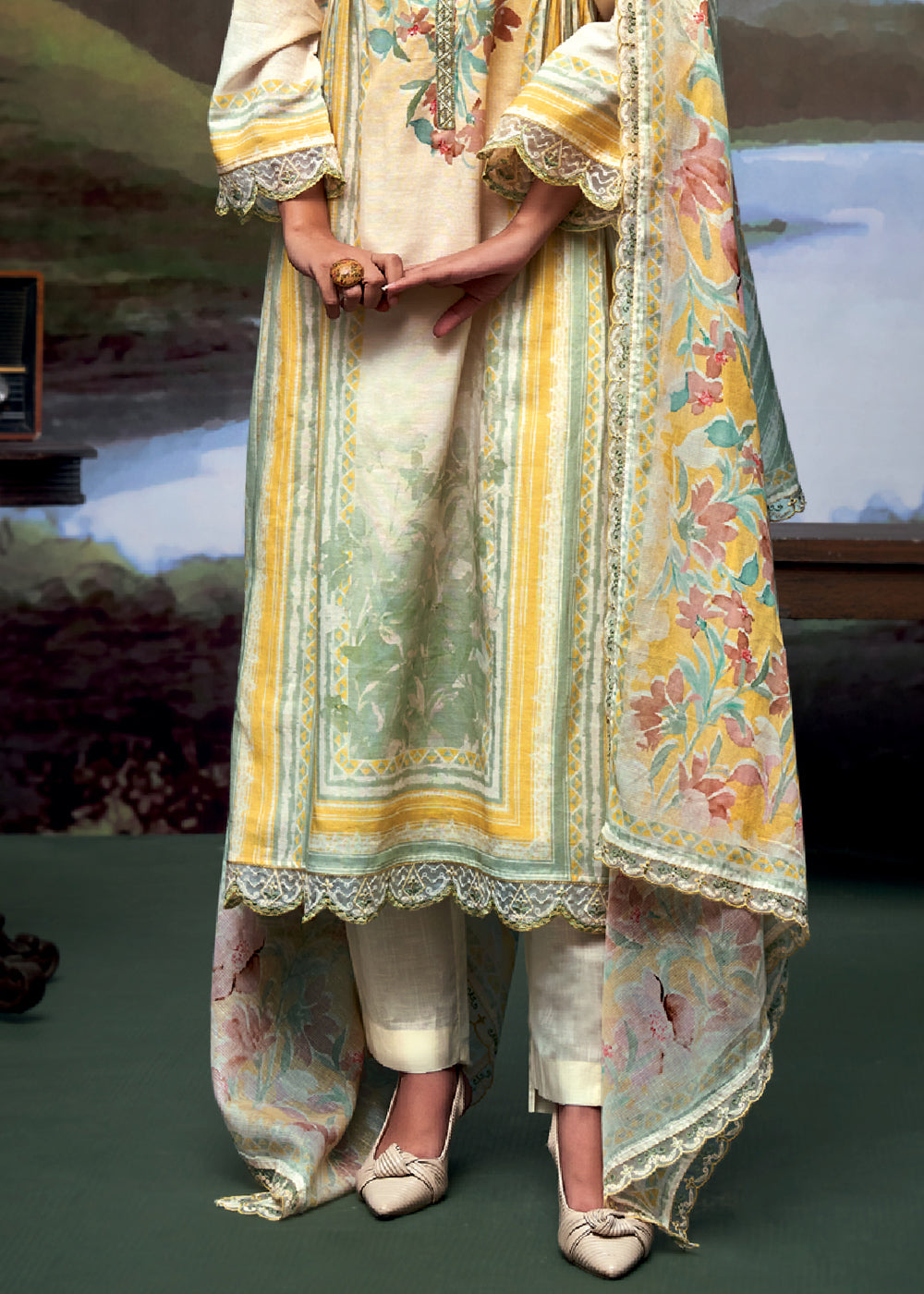 Multi Colored Digital Printed Linen Suit & Embroidery work - qivii