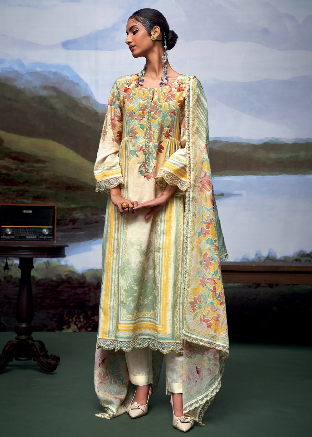 Multi Colored Digital Printed Linen Suit & Embroidery work - qivii
