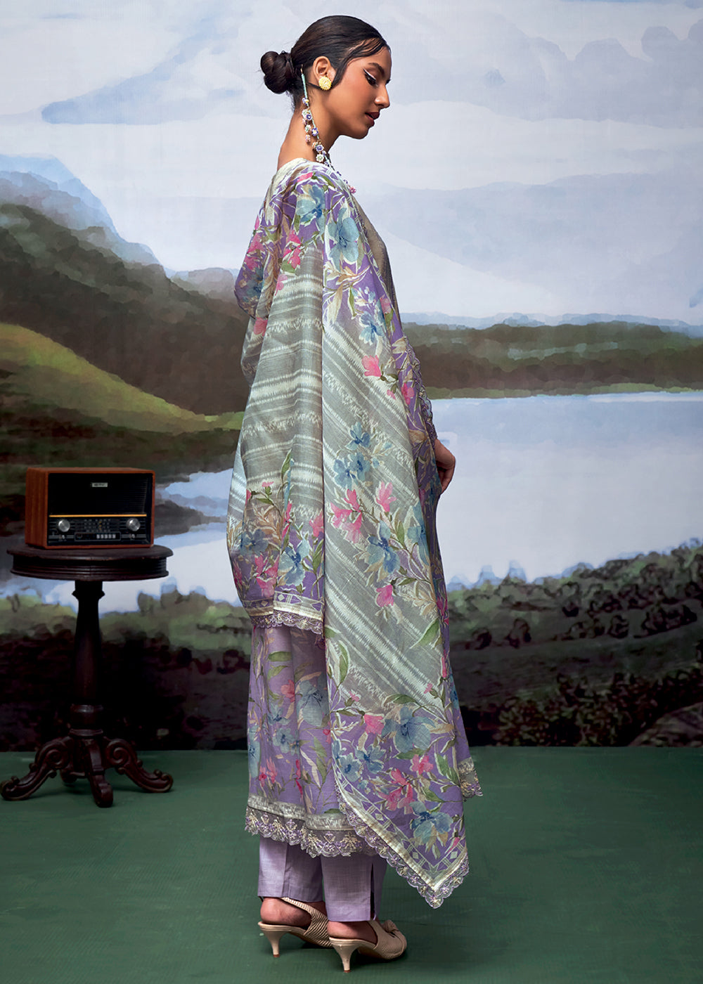 Shades Of Purple Digital Printed Linen Suit & Embroidery work - qivii