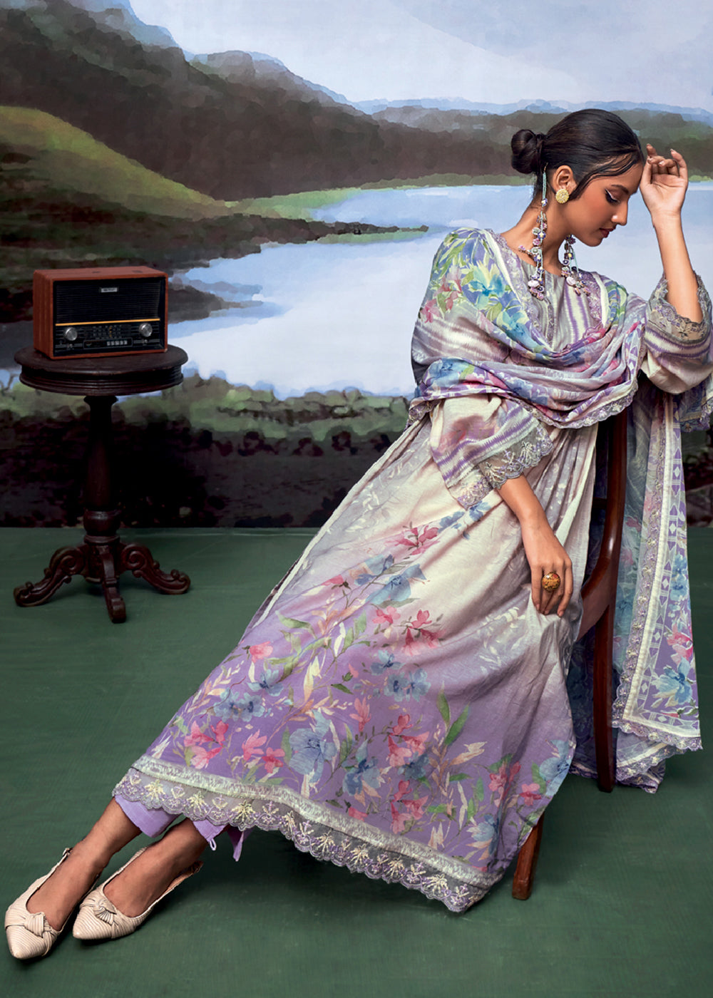 Shades Of Purple Digital Printed Linen Suit & Embroidery work - qivii