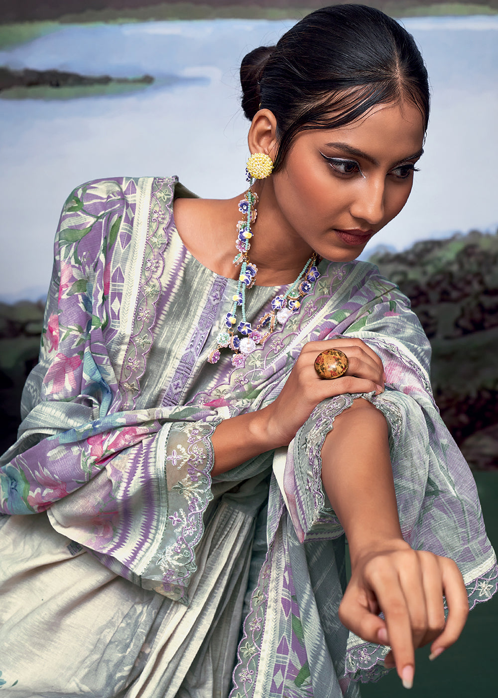 Shades Of Purple Digital Printed Linen Suit & Embroidery work - qivii