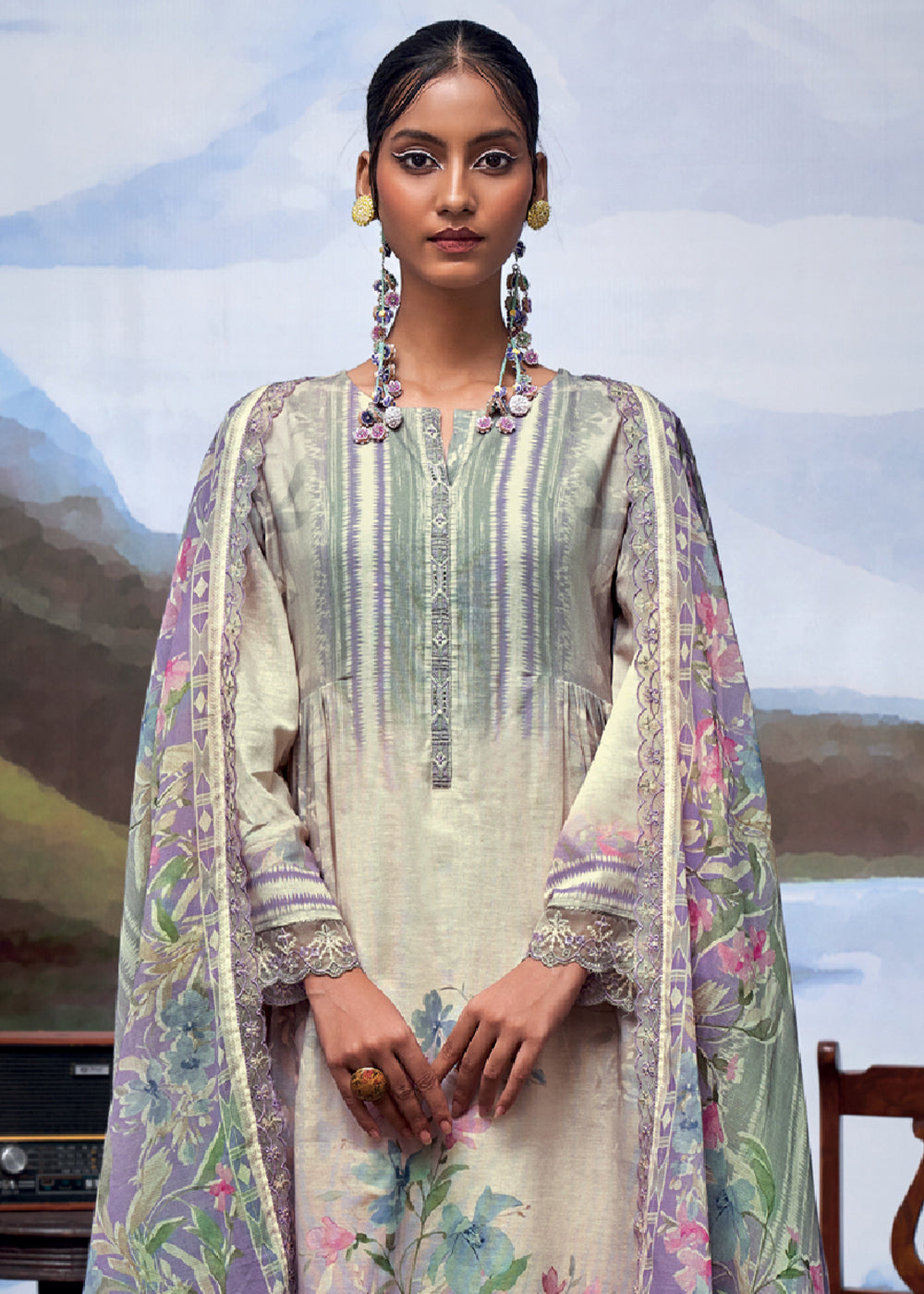 Shades Of Purple Digital Printed Linen Suit & Embroidery work - qivii