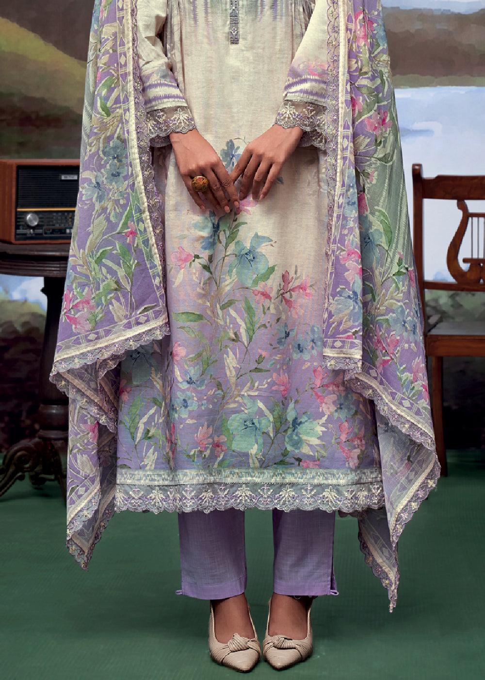 Shades Of Purple Digital Printed Linen Suit & Embroidery work - qivii