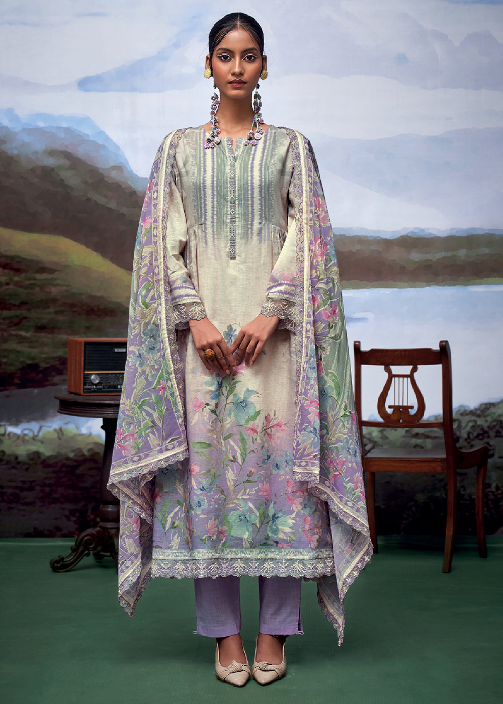 Shades Of Purple Digital Printed Linen Suit & Embroidery work - qivii