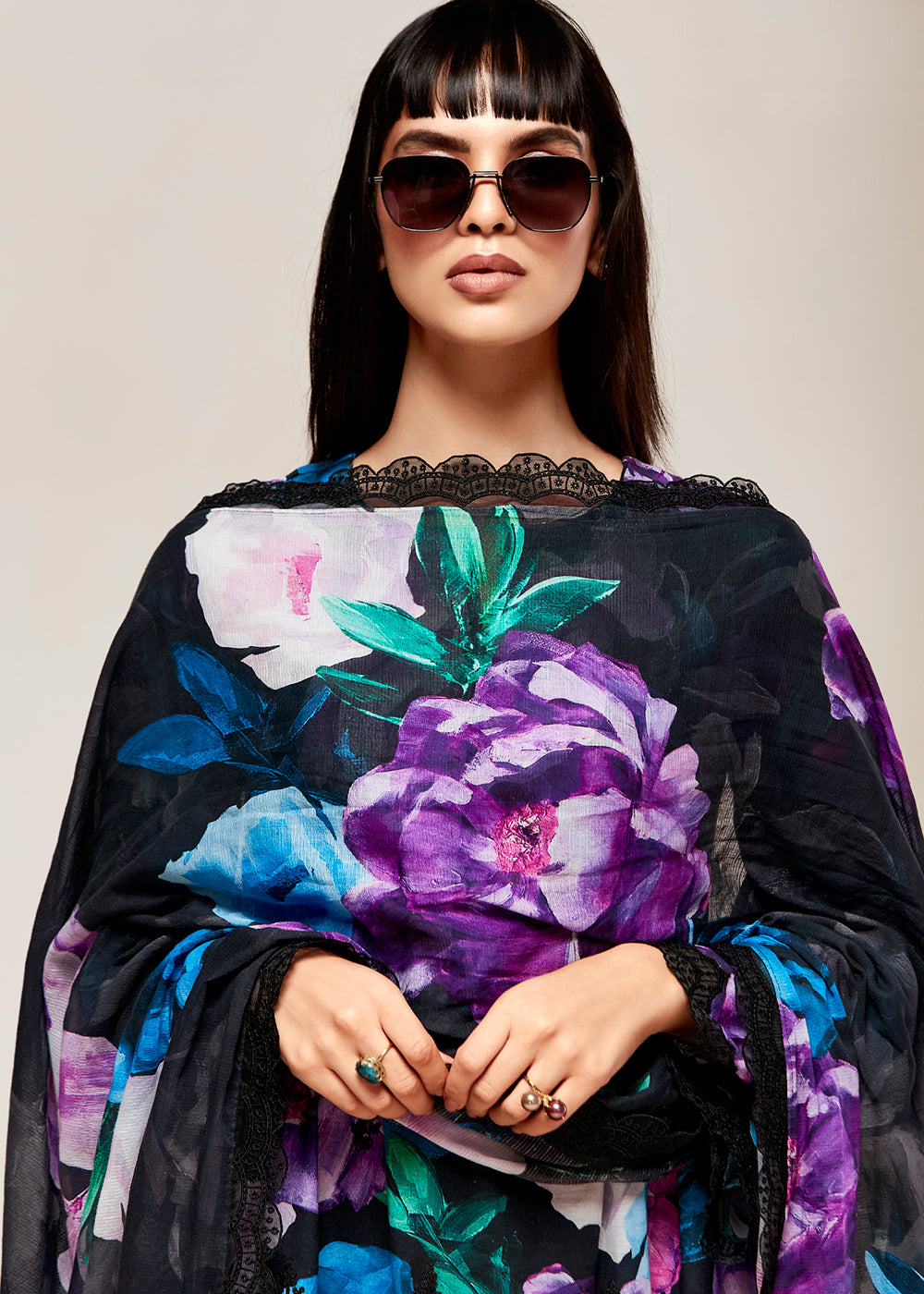Pitch Black Floral Digital Printed Linen Suit & Dori Embroidery work - qivii