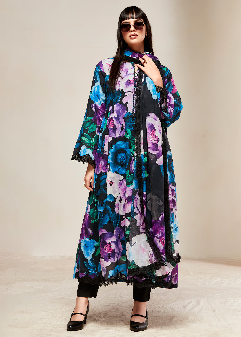 Pitch Black Floral Digital Printed Linen Suit & Dori Embroidery work - qivii