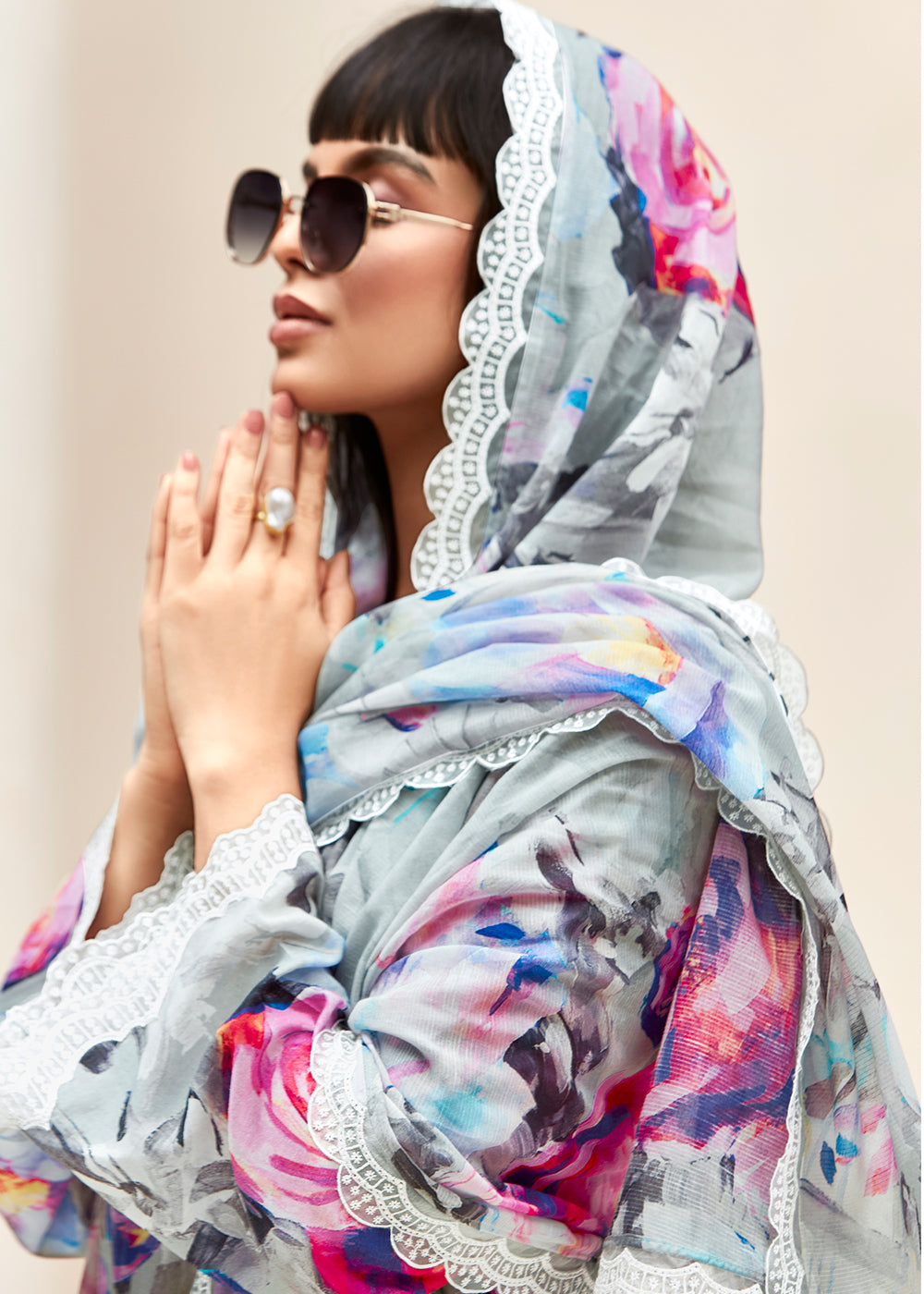 Seal Grey Floral Digital Printed Linen Suit & Dori Embroidery work - qivii