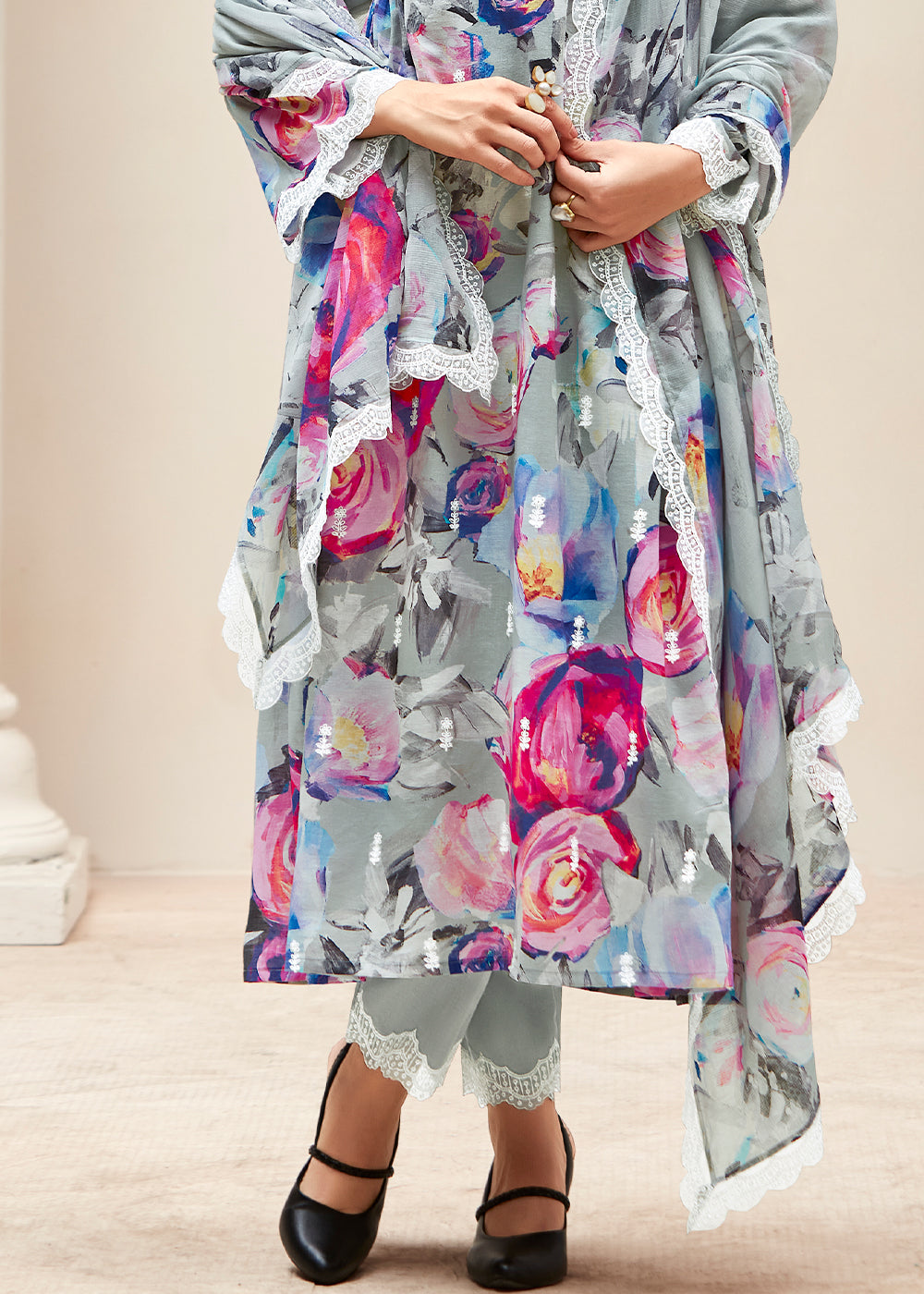 Seal Grey Floral Digital Printed Linen Suit & Dori Embroidery work - qivii