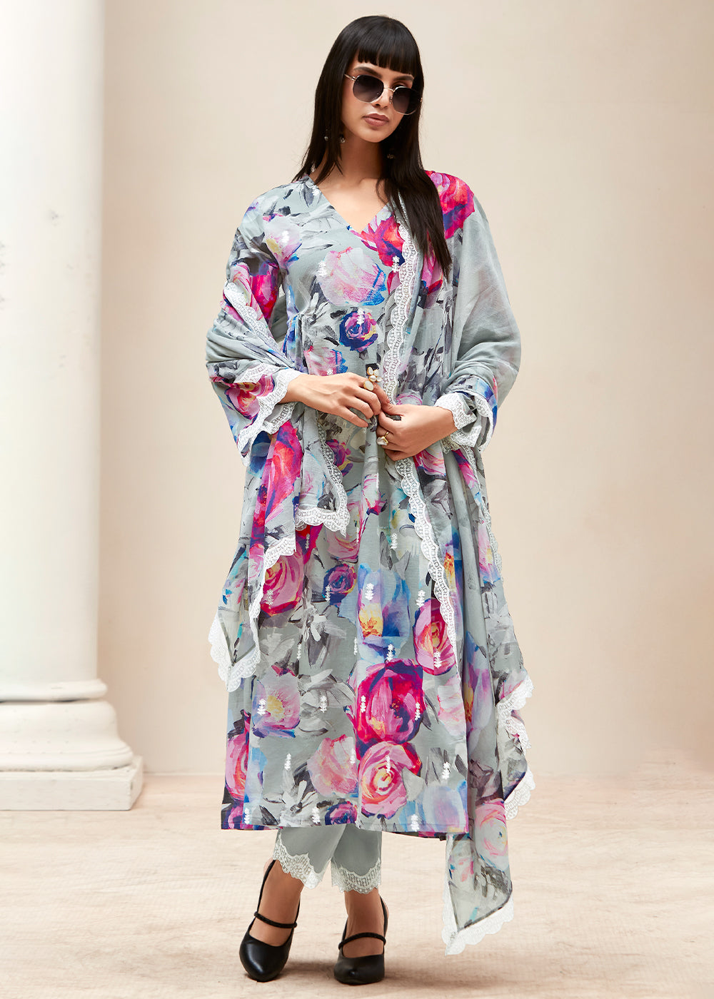 Seal Grey Floral Digital Printed Linen Suit & Dori Embroidery work - qivii