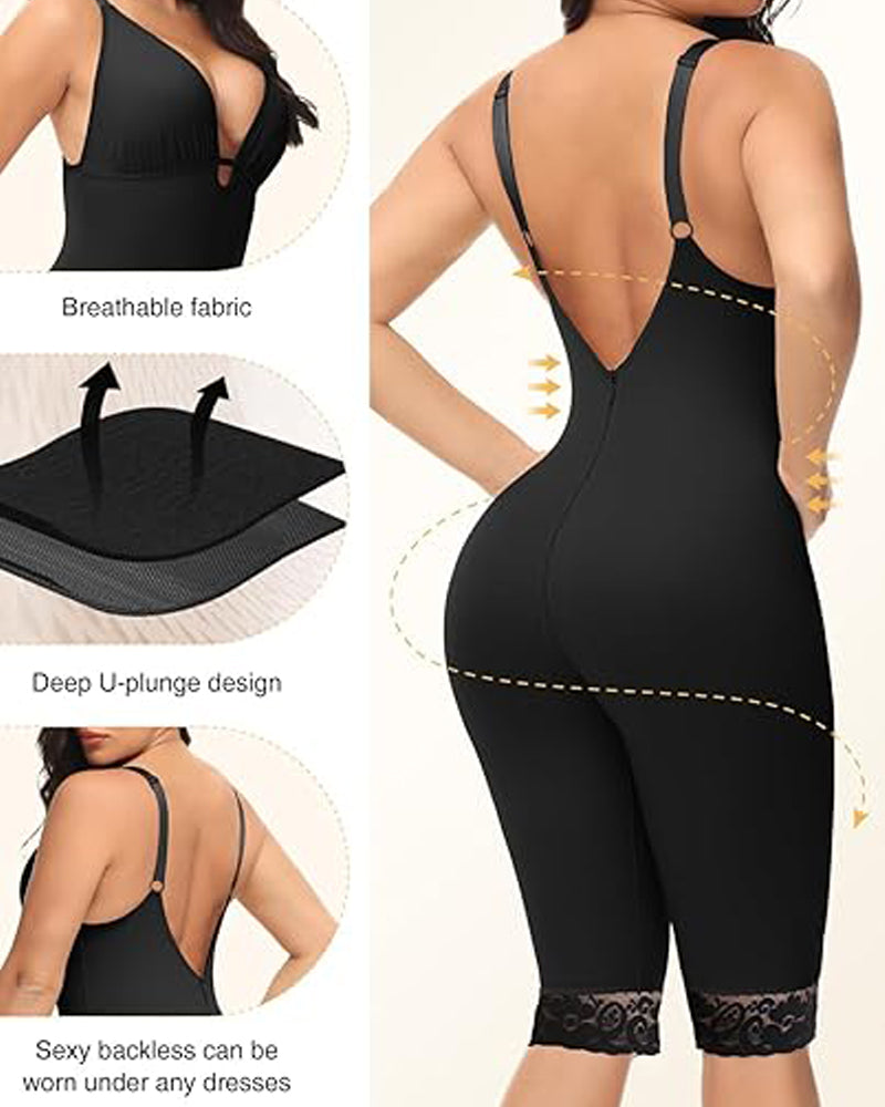 U Plunge Tummy Control Mid Thigh Bodysuit Seamless Full Body Fajas Shapewear - By Qivii