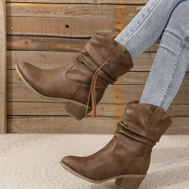 Women's Western Tassel Boots - Braided Buckle Cowboy Ankle Boots with Block Heel & Pointed Toe (US 5-10)