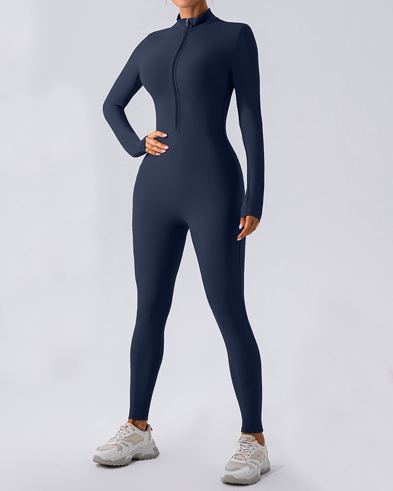 Zip Up Long Sleeve Fleece Skinny Jumpsuit Winter Thermal One-piece Fitness Bodysuit - By Qivii