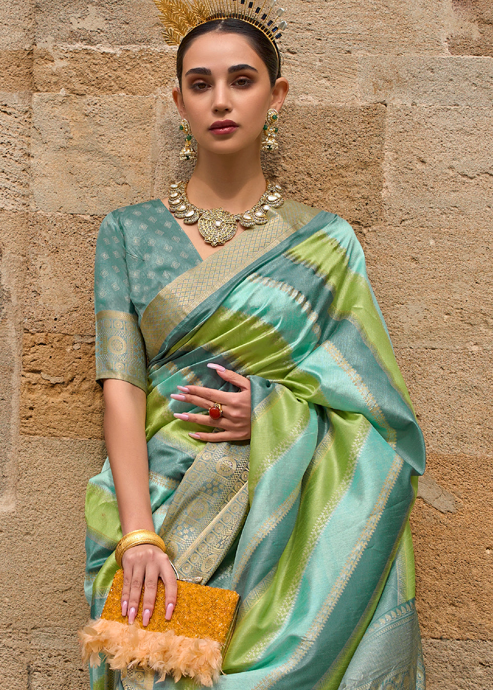 Green & Blue Viscose Silk Saree with Aqua Finish work - qivii