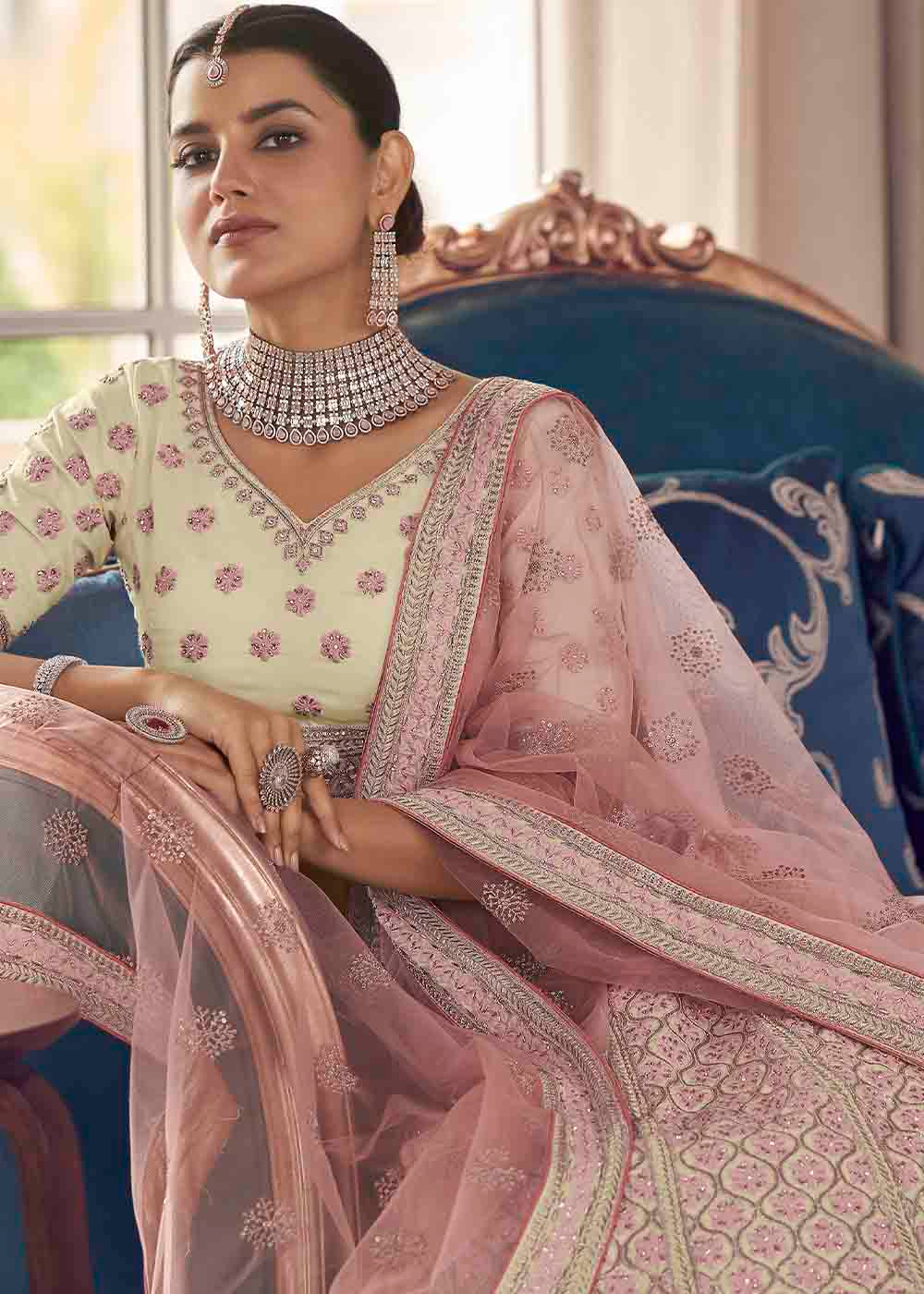 Cream White Art Silk Lehenga Choli with Zarkan & Thread work | Ready To Wear - qivii