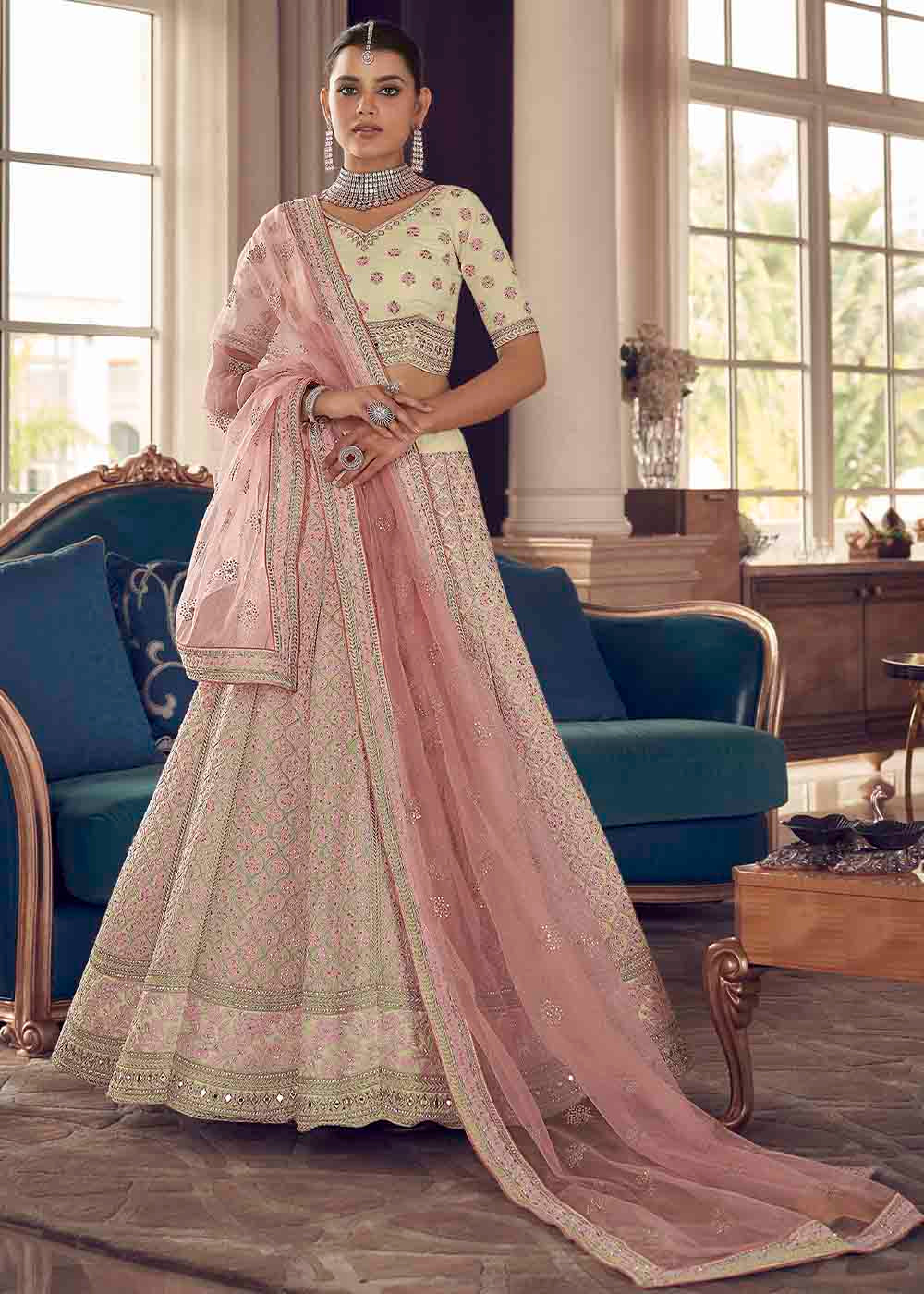 Cream White Art Silk Lehenga Choli with Zarkan & Thread work | Ready To Wear - qivii