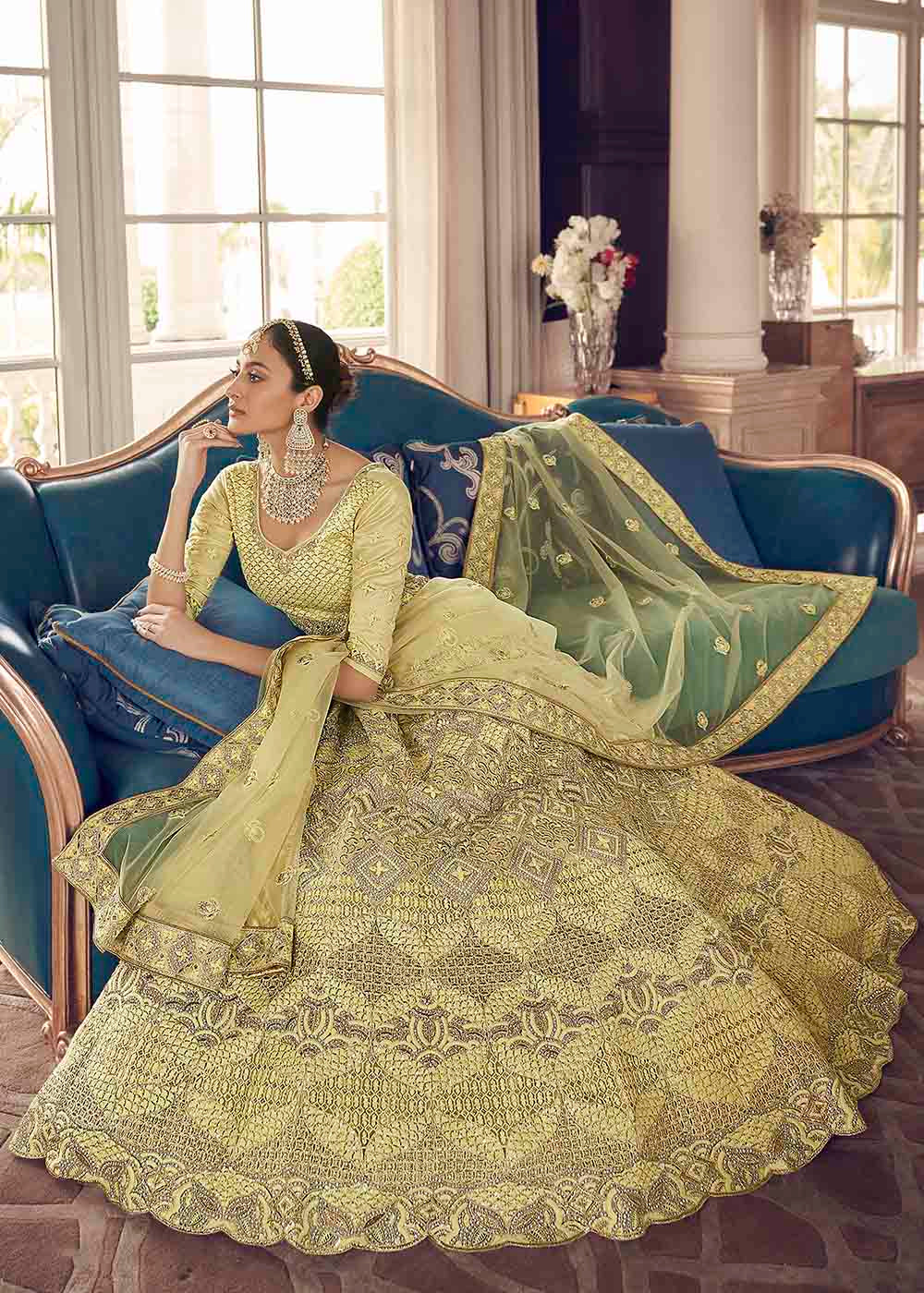 Pastel Yellow Crepe Lehenga Choli with Zarkan,Thread & Zari work | Ready To Wear - qivii