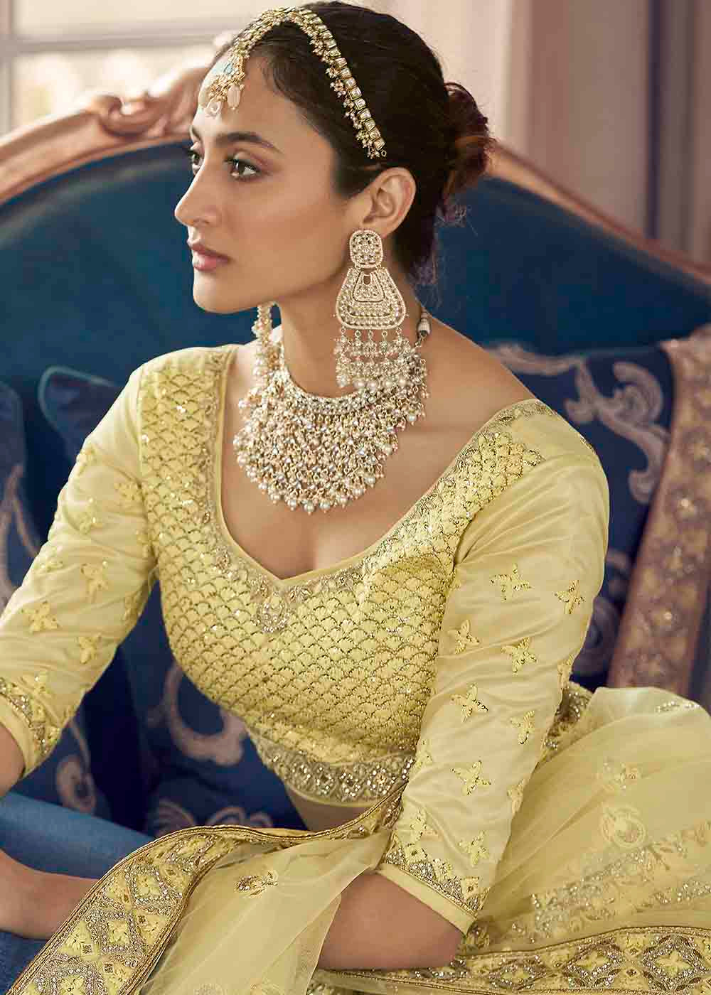 Pastel Yellow Crepe Lehenga Choli with Zarkan,Thread & Zari work | Ready To Wear - qivii