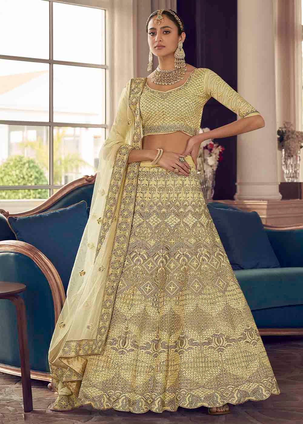Pastel Yellow Crepe Lehenga Choli with Zarkan,Thread & Zari work | Ready To Wear - qivii