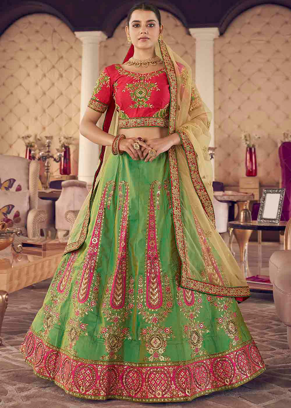 Emerald Green Silk Lehenga Choli with Thread & Zari work | Ready To Wear - qivii