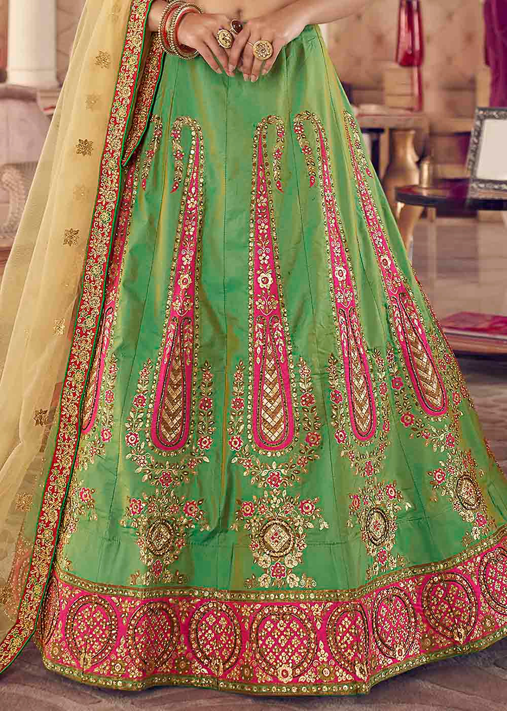 Emerald Green Silk Lehenga Choli with Thread & Zari work | Ready To Wear - qivii