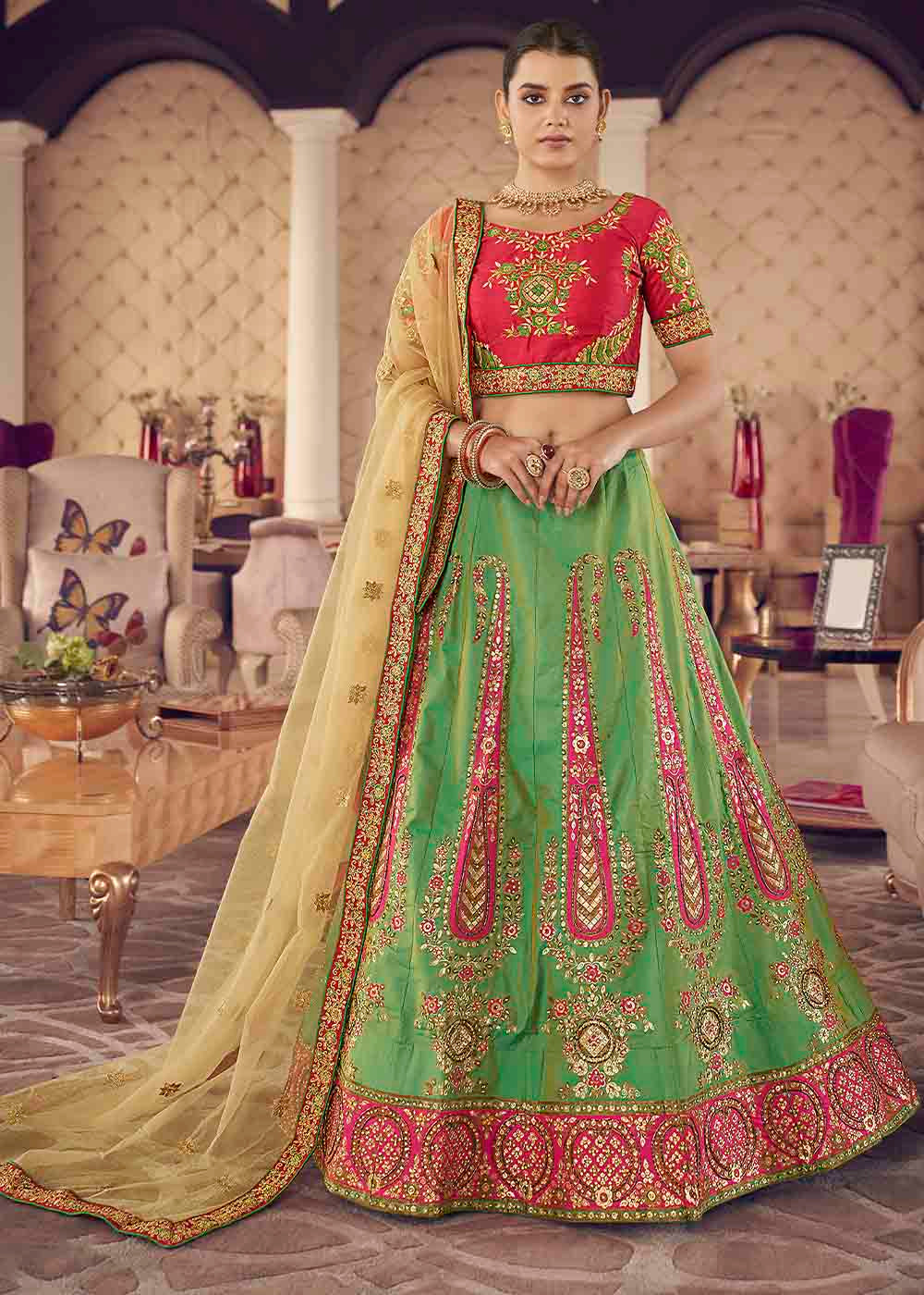 Emerald Green Silk Lehenga Choli with Thread & Zari work | Ready To Wear - qivii