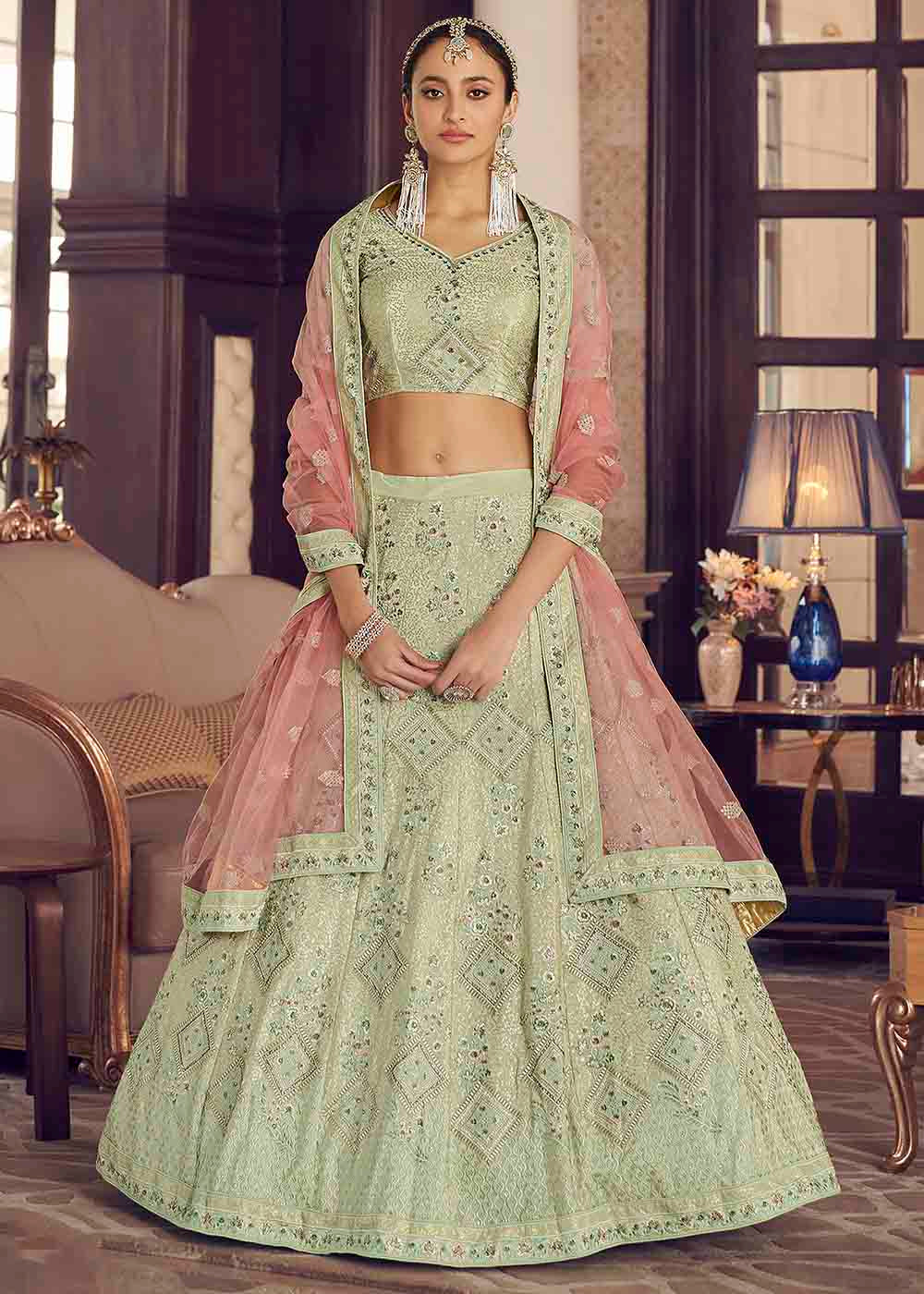 Light Moss Green Crepe Lehenga Choli with Zarkan, Thread & Sequins work | Ready To Wear - qivii