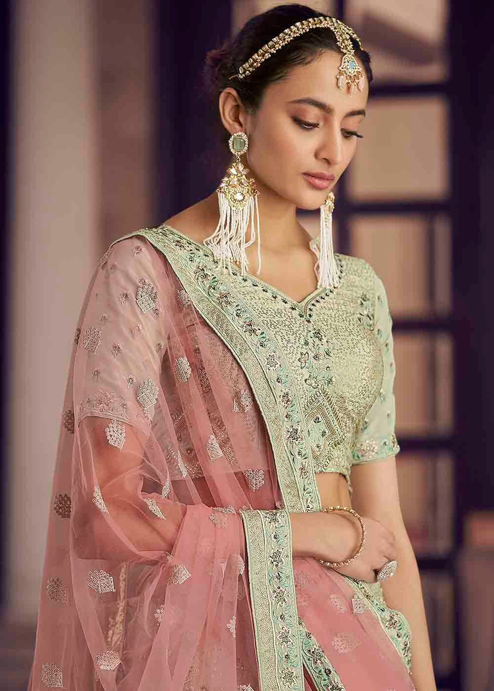 Light Moss Green Crepe Lehenga Choli with Zarkan, Thread & Sequins work | Ready To Wear - qivii