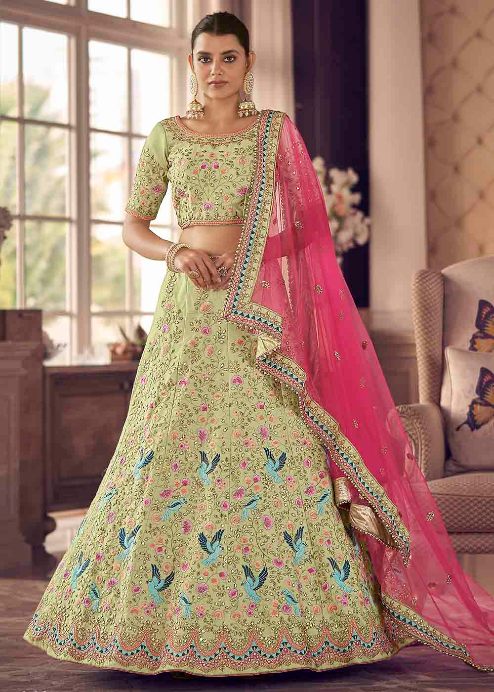 Shades Of Green Art Silk Lehenga Choli with Thread & Zari work | Ready To Wear - qivii