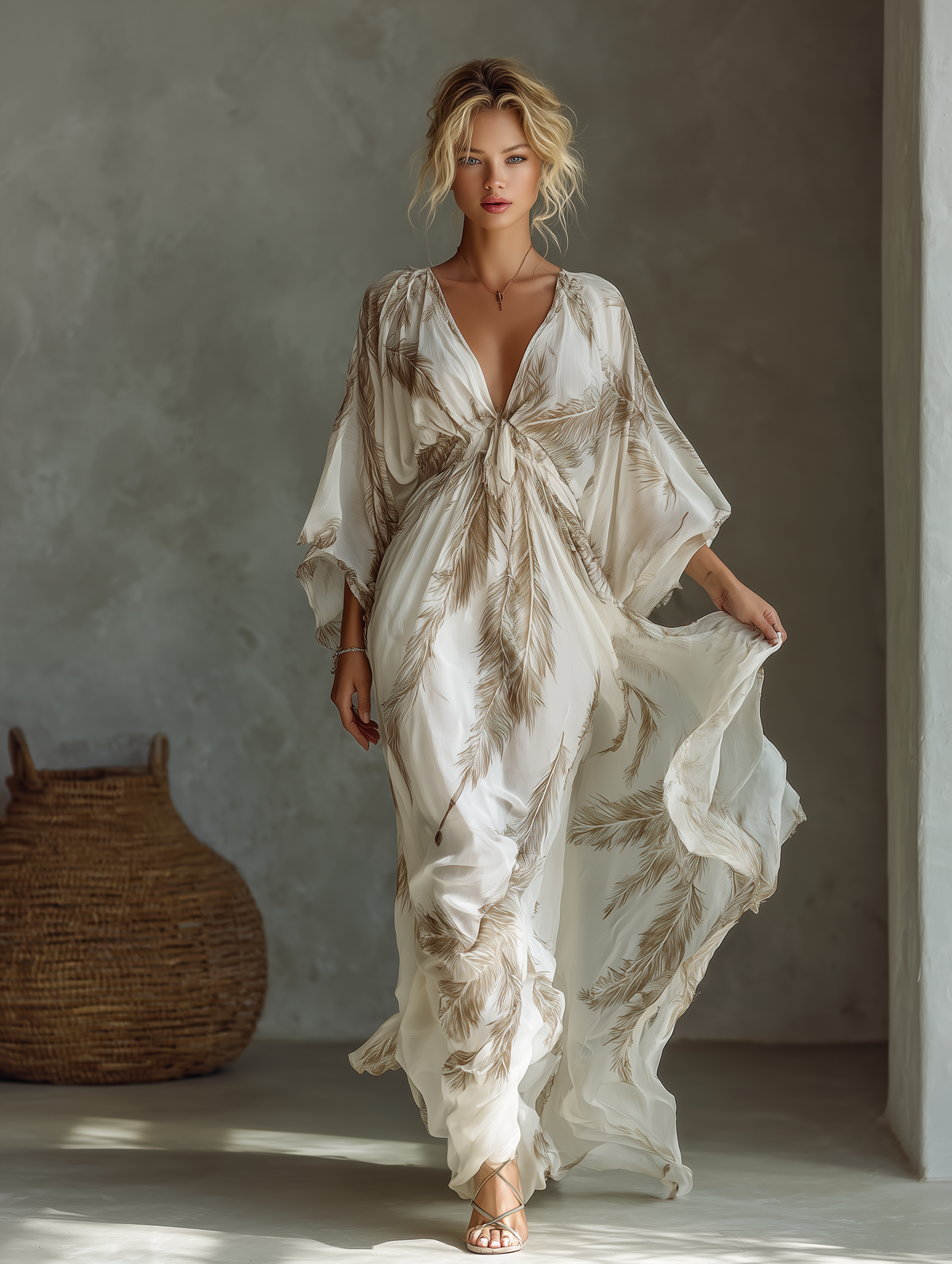 Women's Ivory And Taupe Chiffon Fabric Dolman Sleeve Maxi Dress With Twist Front & Palm Leaf Print MDZ0332B6T