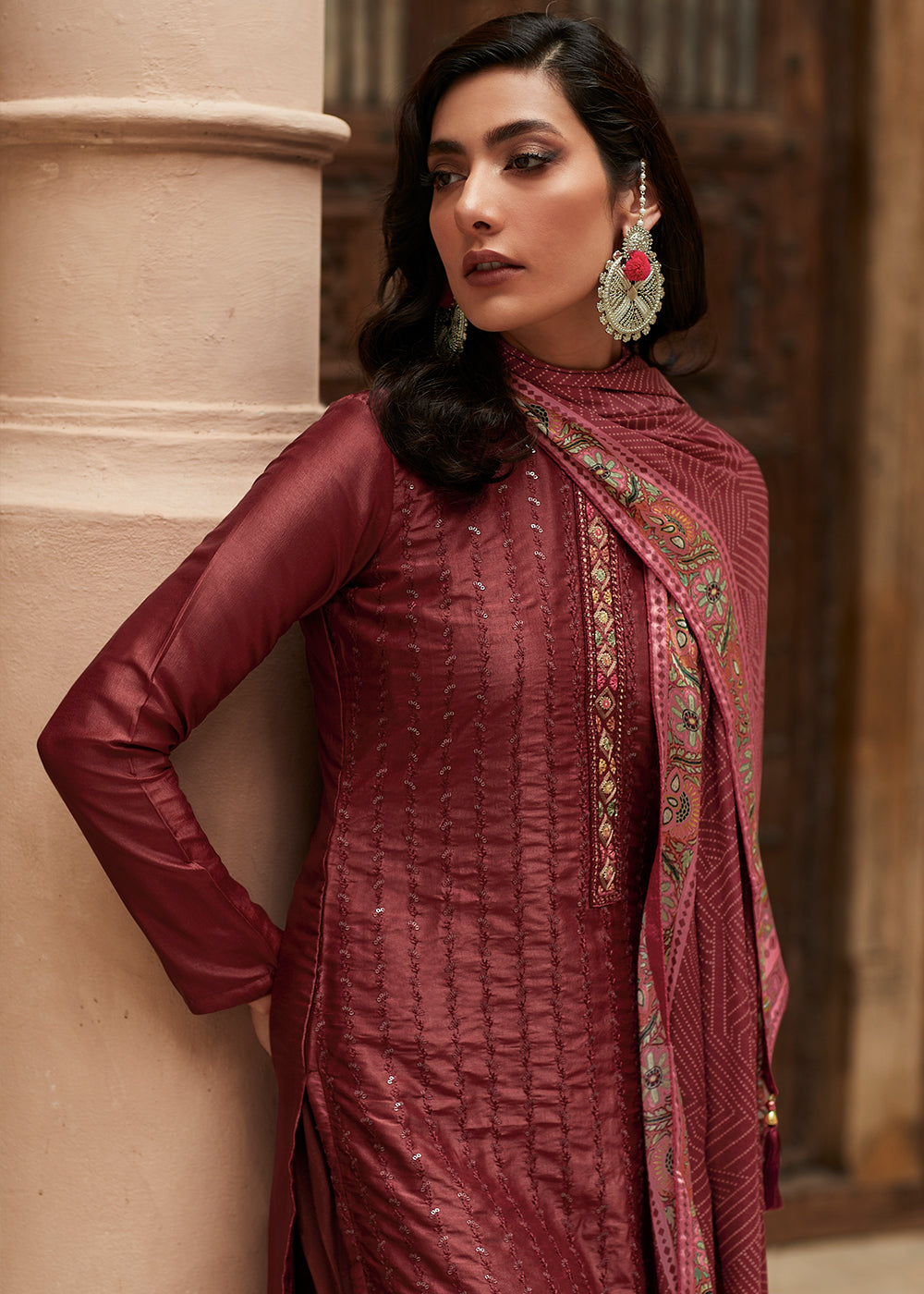 Sienna Brown Digital Printed Designer Silk Suit - qivii