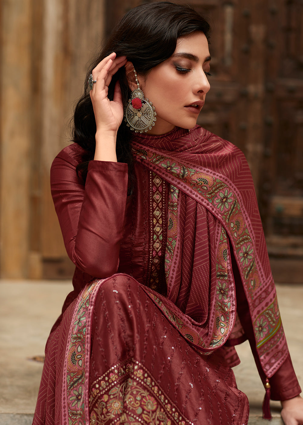 Sienna Brown Digital Printed Designer Silk Suit - qivii