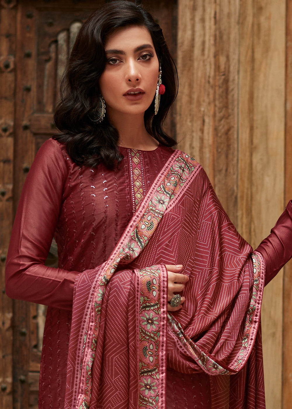 Sienna Brown Digital Printed Designer Silk Suit - qivii