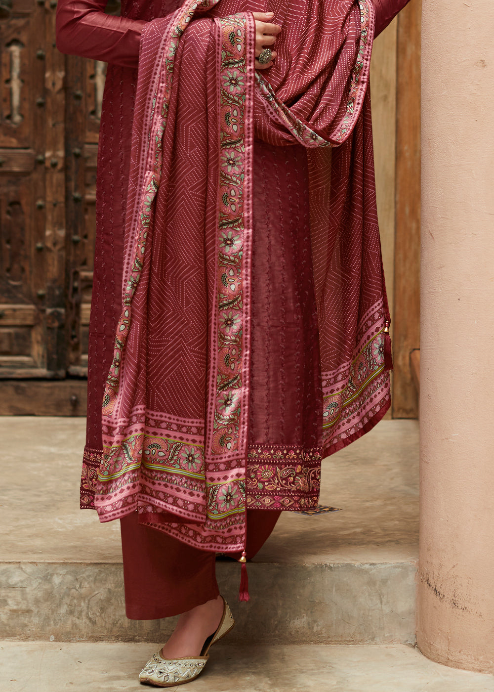 Sienna Brown Digital Printed Designer Silk Suit - qivii