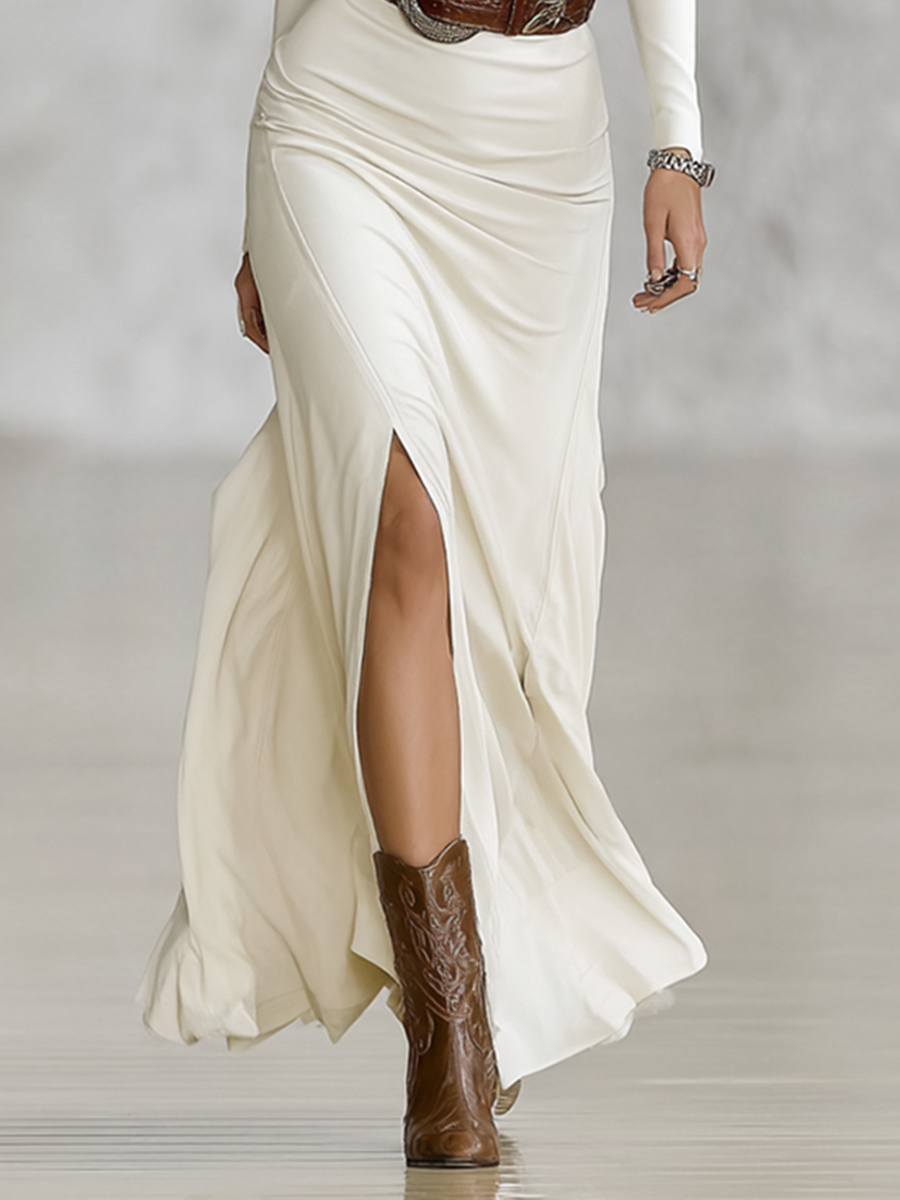 Women's Lapel Long Sleeve Waist-tightening Maxi Dress (without Belt)MDA2480G9Y