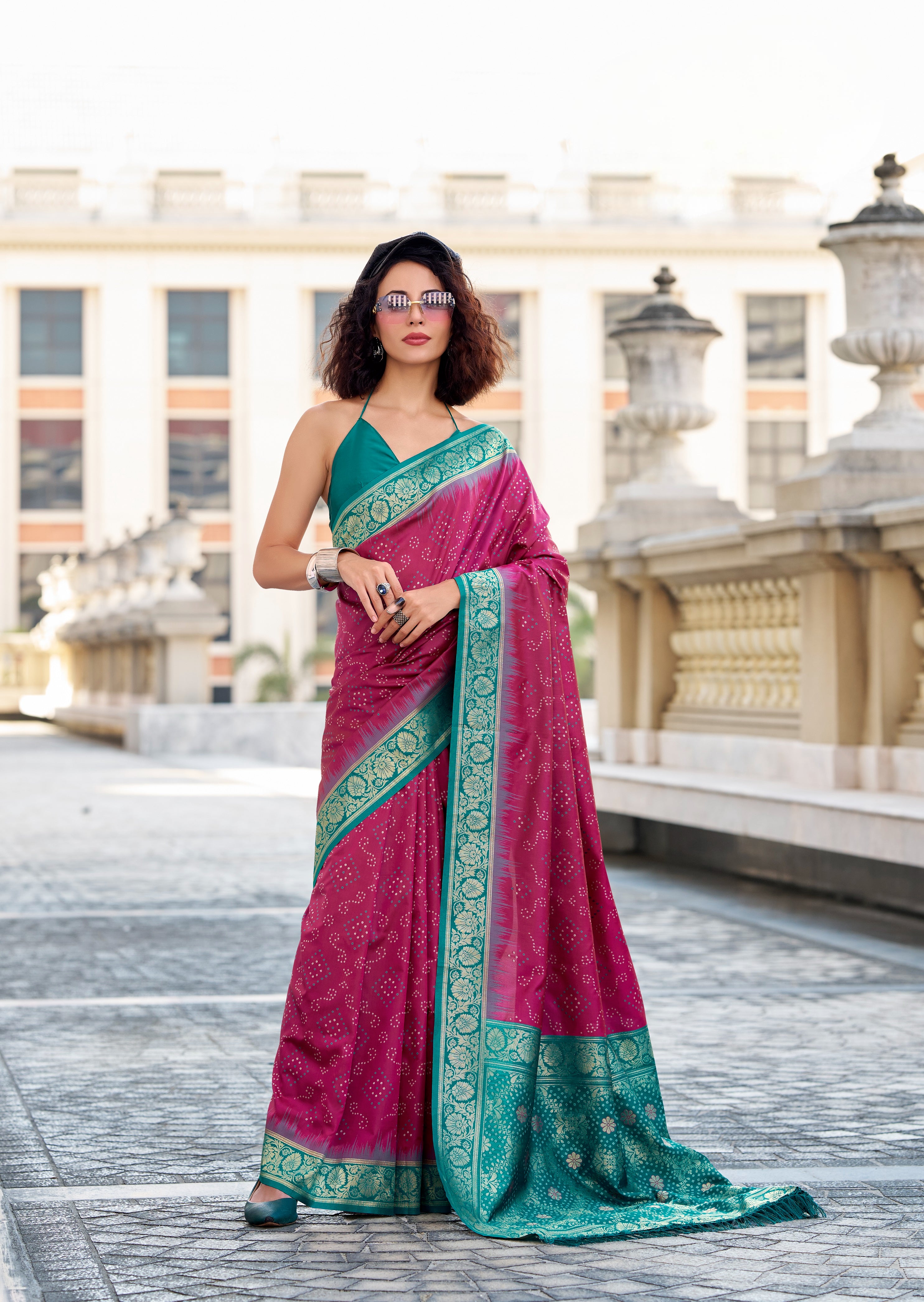 Pink Soft Silk Ikkat Design Bandhani With Weaving Beautiful Border Saree - qivii