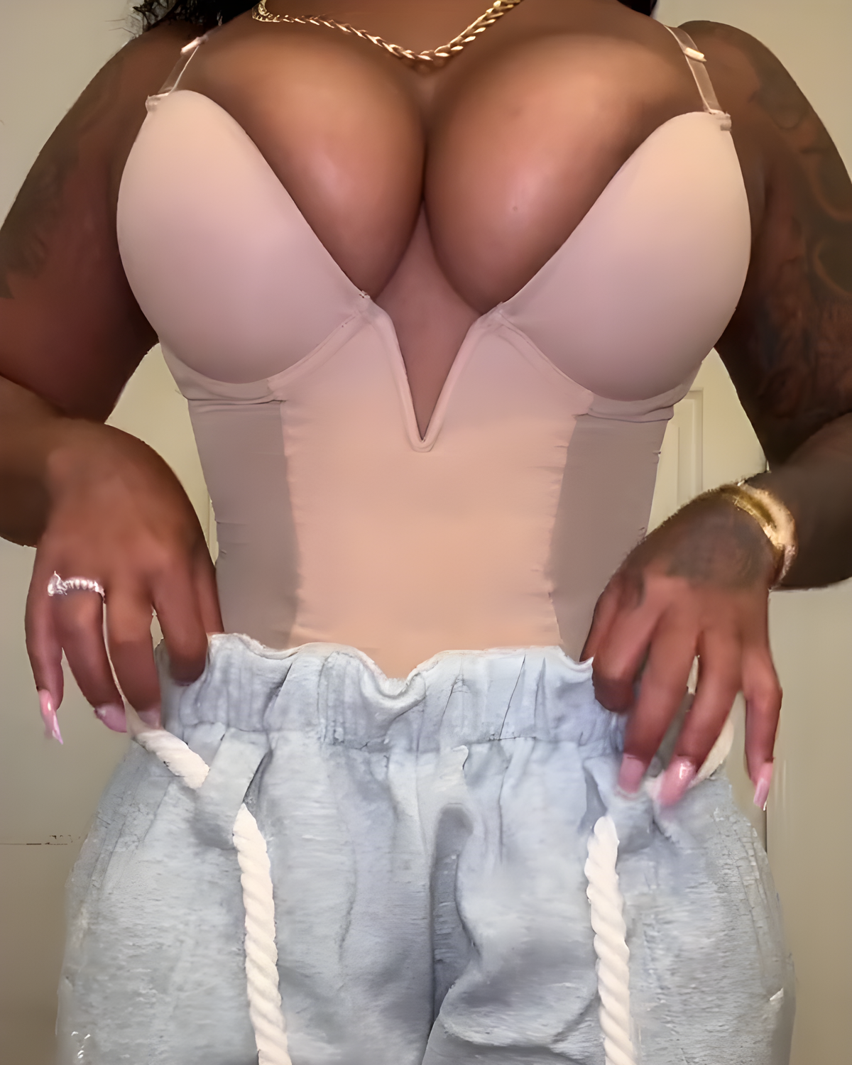 Sexy Plunge Neck Backless Mesh Panel Shapewear Thong Bodysuit
