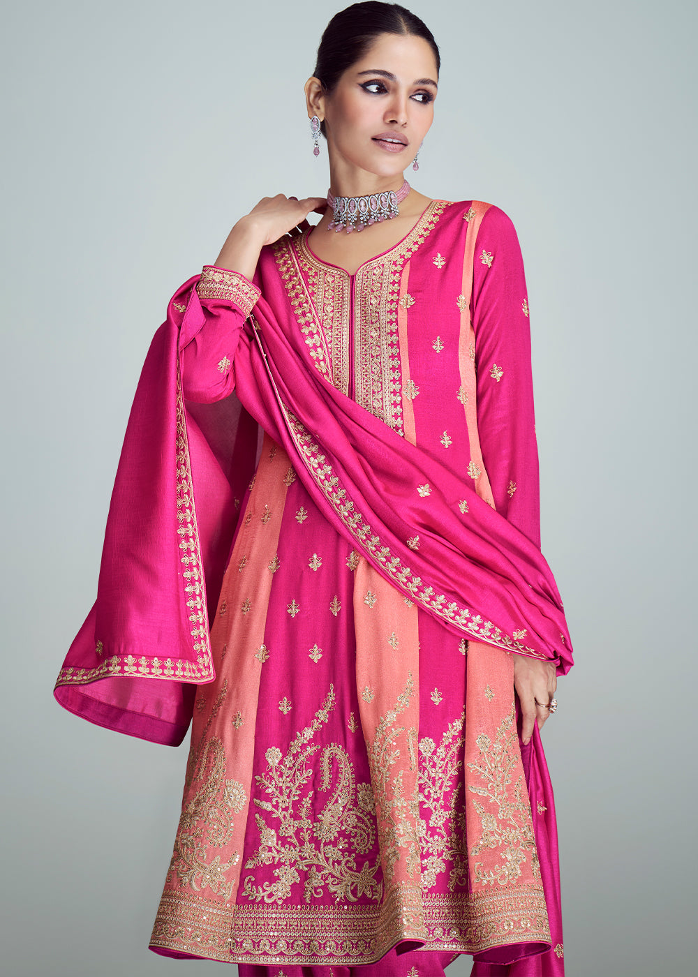 Shades Of Pink Embroidered Silk Salwar Suit By Qivii