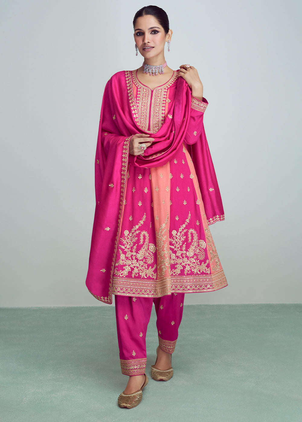 Shades Of Pink Embroidered Silk Salwar Suit By Qivii