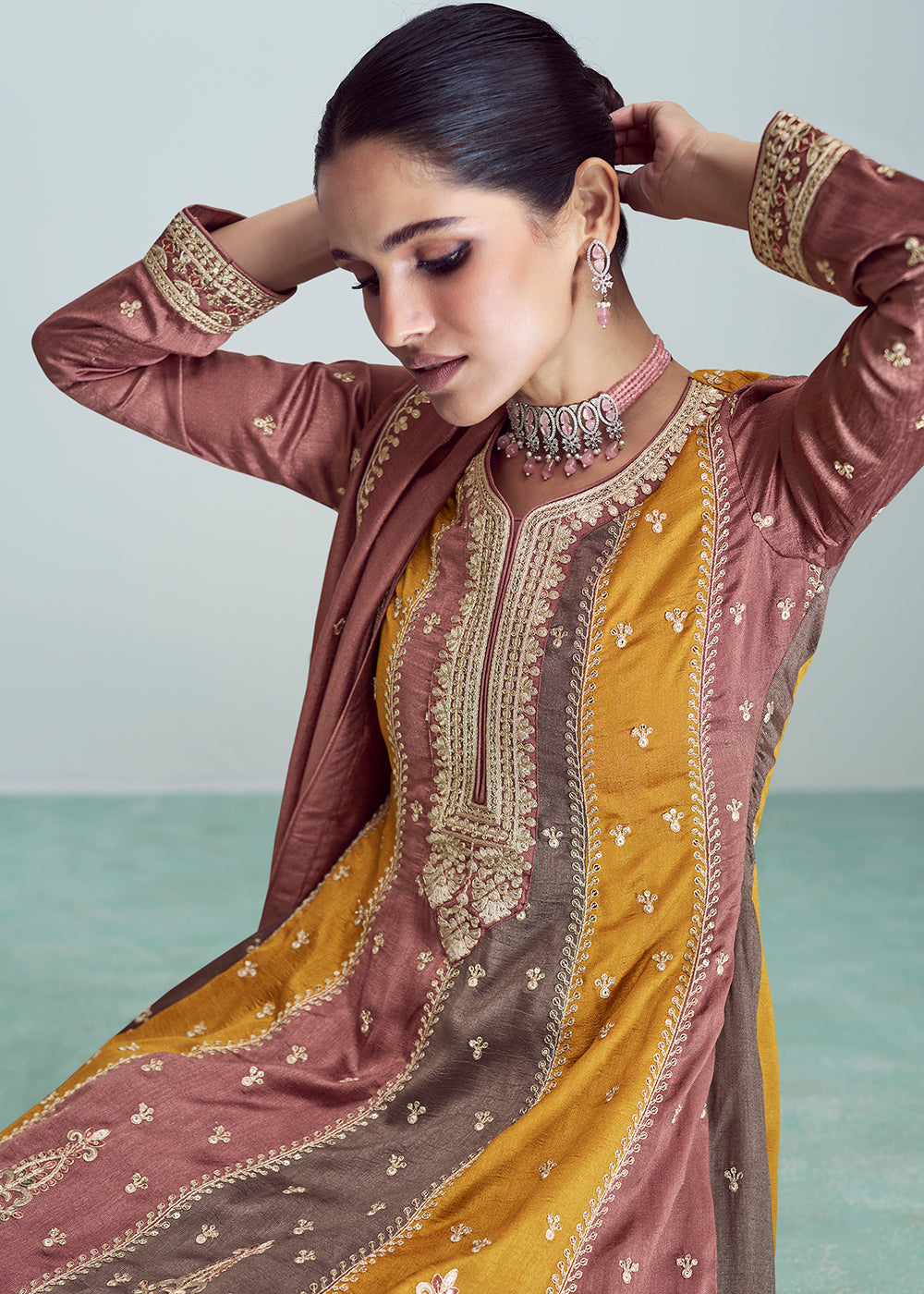 Multicolored Embroidered Silk Salwar Suit - qivii