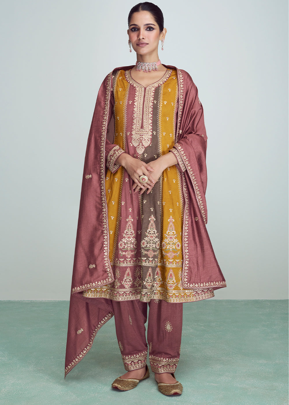 Multicolored Embroidered Silk Salwar Suit - qivii