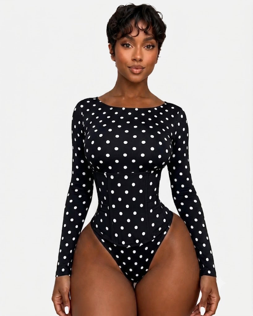 Hourglass Long Sleeve Polka Dot Thong Bodysuit with Waist Trainer 2 Piece Set