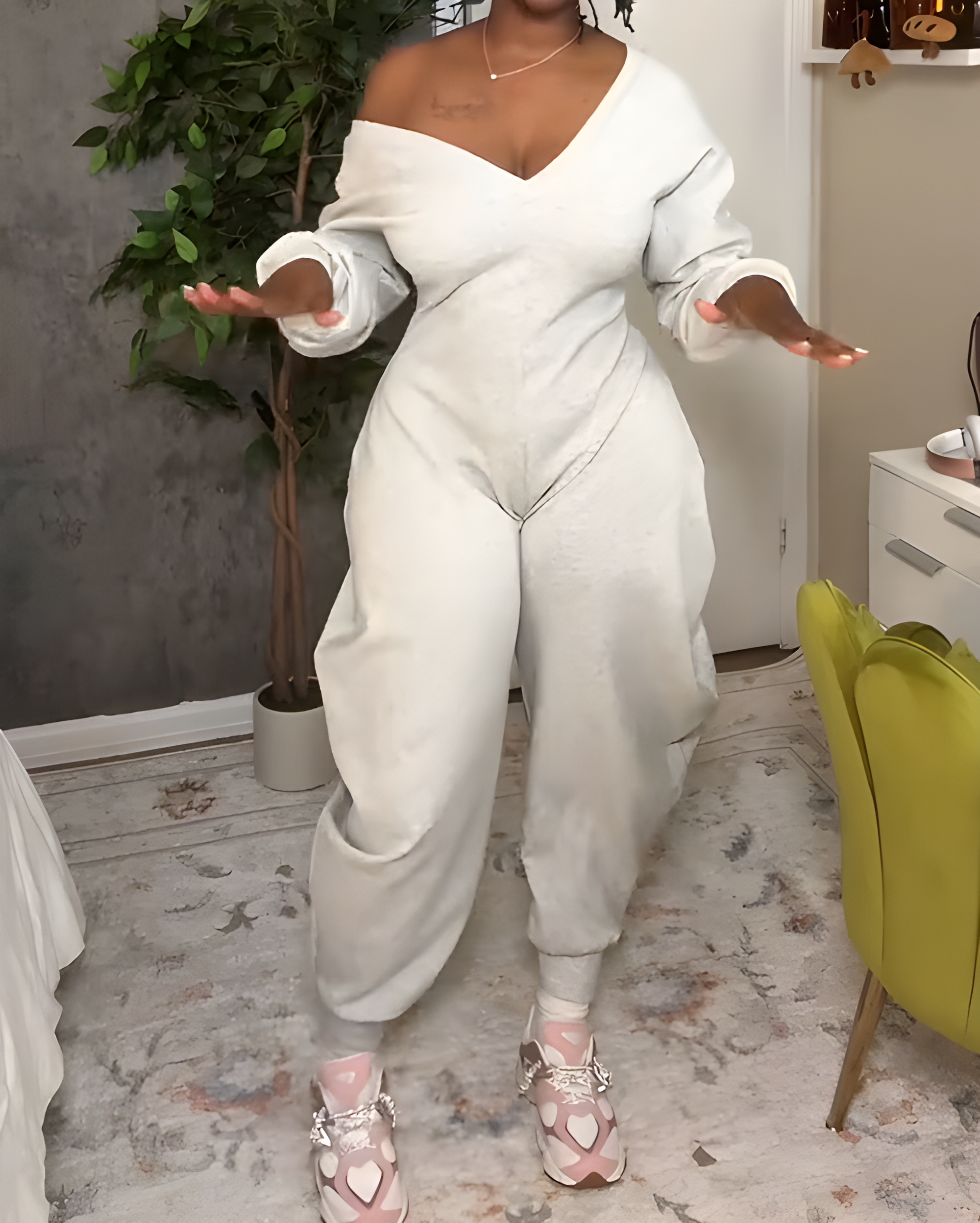 Cozy V Neck Baggy Long Sleeve Jumpsuit - By Qivii