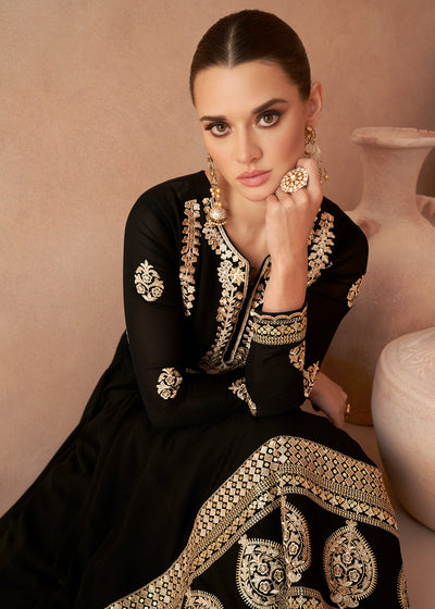 Midnight Black Designer Embroidered Georgette Anarkali Suit By Qivii