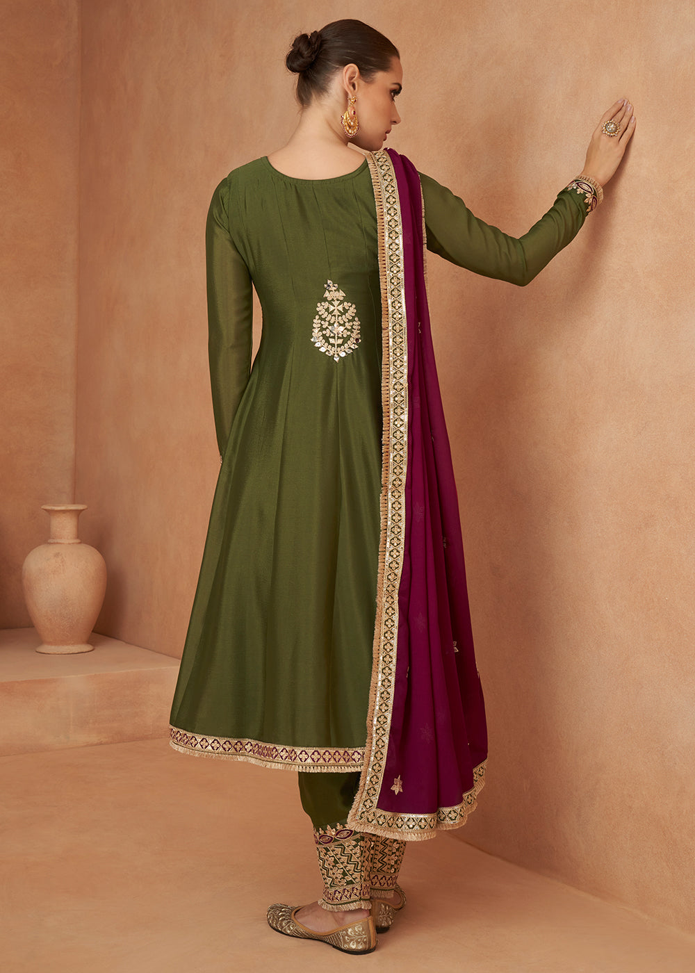 Mehendi Green Embroidered Chinon Silk Salwar Suit with Contrast Dupatta By Qivii
